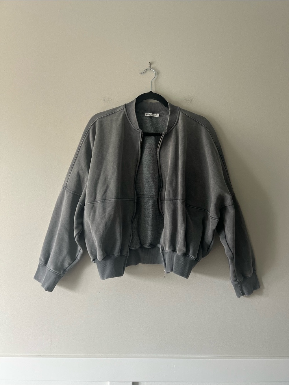 Zara Washed Gray Oversized Bomber Jacket Sweatshirt Zip Front Size S